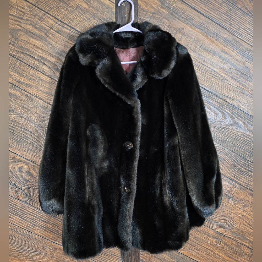 Vintage Tissavel Dark Brown/tan Faux Fur Coat Heavy Mobwife Style Cute Buttons - Picture 1 of 14